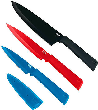 Set of 3 - Non Stick Knife Set - Black & Red