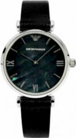 Emporio Armani Classic Black Leather Strap Mother Of Pearl Dial Quartz Watch for Ladies - AR1678