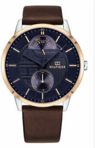 Tommy Hilfiger Hunter Brown Leather Strap Blue Dial Quartz Watch for Gents- 1791605