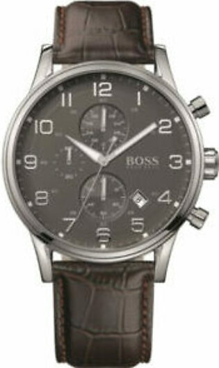 Hugo Boss Aeroliner Brown Leather Strap Grey Dial Chronograph Quartz Watch for Gents - Hugo Boss 1512570