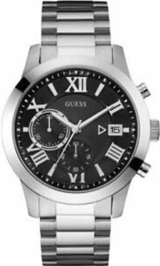 Guess Atlas Silver Stainless Steel Black Dial Chronograph Quartz Watch for Gents - Guess W0668G3