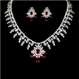 Formal Heavy Choker Necklace Set with Earrings- Ruby Red