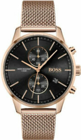 Hugo Boss Associate Rose Gold Mesh Bracelet Black Dial Chronograph Quartz Watch for Gents - Hugo Boss 1513806
