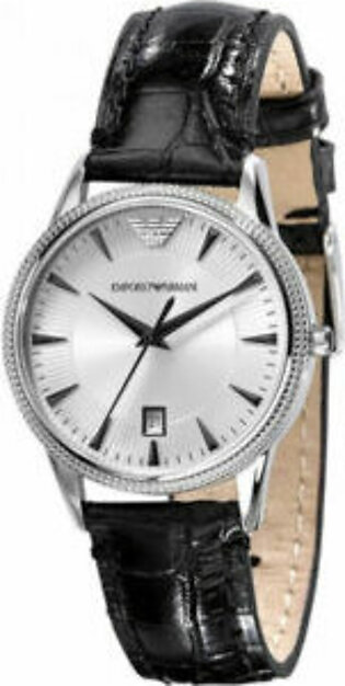 Emporio Armani Classic Black Leather Strap Silver Dial Quartz Watch for Ladies - AR2443