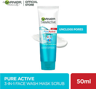 Garnier Pure Active 3 In 1 Face Wash Mask Scrub - 50ml