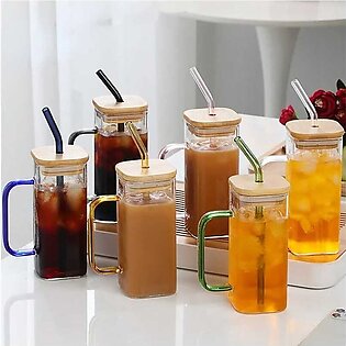 Square Glass Mug 400ml With Lid And Straw Breakfast Milk Cup Microwave Safe Transparent Coffee Mug Drinkware Glass
