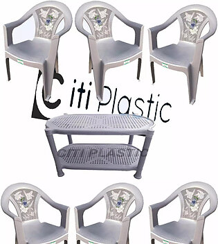 Set Of 6 Plastic Chairs And Plastic Table - Grey