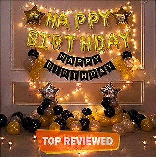 Attractive Gold And Black Happy Birthday Fairy Light Theam Stars Rubber Balloons And Fairy light Complete Package