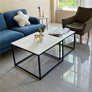 Nesting Coffee Table Set, Square Side Table Nesting Tables with Marble Table Tops, Accent End Table with Metal Frame, Set of 2 Sofa Table Couch Table for Living Room Office, White & Gold