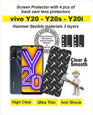 vivo Y20 - Y20s - Y20i - Screen protector with 4 pcs of back cam lens protectors - Anti shock material clear and smooth