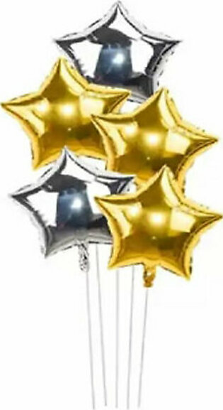 5 Golden & Silver Stars Foil Balloons Set For Birthday & Anniversary & Party Decoration