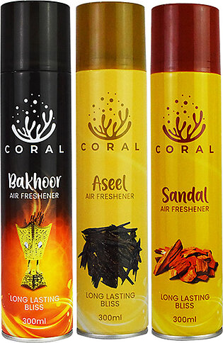 Coral Air Freshener Bakhoor | Aseel | Sandal Pack Of 3 - 300ml Big Bottle Car, Home, Office Spray
