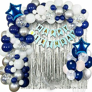 Blue And Silver Happy Birthday Decoration Set( Including Light Blue Hbd Banner+ 30 Balloons+ 1 Pc Curtain + 5 Pc Confetti Baloons + 2 Stars ) Birthday Decoration Set - Part Items - Birthday Themes For Girls And Boys - Birthday Accessories Birthday Decor