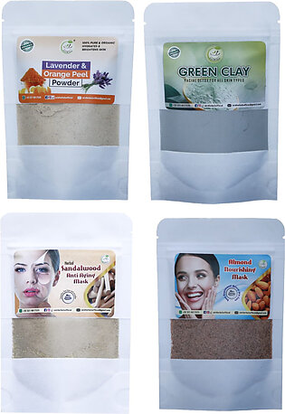 Zain Herbals | Pack Of 4 | Lavender & Orange Peel Powder, Green Clay, Sandalwood Anti-aging Mask, Almound Moisturizing Mask (total Weight 300g) | Glow Skin | Draw Toxins And Impurities