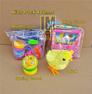Kids Toys Pack Chick, Water Game, Bubble Toy And Spring Game, 4 Items Pack