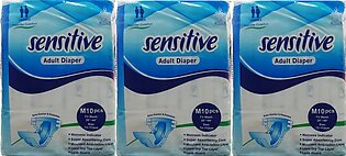 Sensitive Adult Diapers Size Medium - Waist 28in-44in (10 Pcs Pack) Pack Of-3