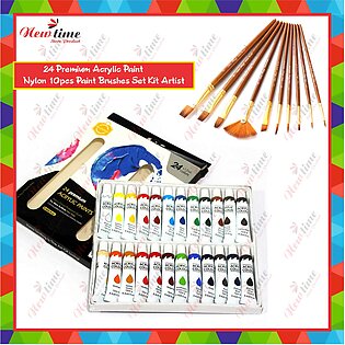 24 Pcs Acrylic Painting Colors Acrylic Paint Set Of 24 Pieces & 10pcs Nylon Paint Brushes Set Kit Artist Best Quality ( Updated Price)