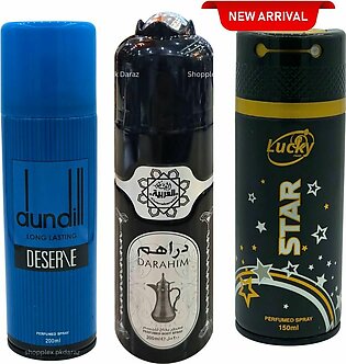 Perfumed Body Spray Pack Of 3 Big Bottle Arabic English Dundill Blue Freshrite|darahim Al Arabia|star Lucky For Men And Women Imported Quality Gifting For Boys Birthday Wedding Gift Best Seller Fragrance Fresh Scent Party Gift Perfumed For Gents