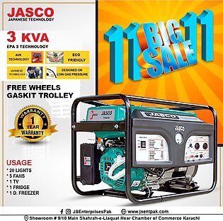 Jasco Titanium Series Low Noise Epa 3 Standard 2.5 Kw / 3 Kva Petrol And Gas Generator With Wheels Battery And Gaskit And 2 Year Warranty