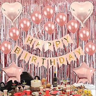 Pink Happy Birthday Theme For Girls With Pink Happy Birthday Card Banner, 2pc Pink Foil Curtains, 2 Pink Foil Stars, 2 Pink Foil Hearts, 10 Pink Latex Balloons