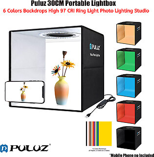 PULUZ 11.8''/ 30cm Photo Studio Light Box Photography Portable Folding Photo Booth Shooting Tent Kit Dimmable CRI>95 112pcs LED Ring Lightbox with 6 Colors Photo Backdrops