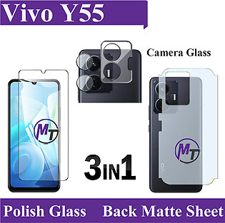vivo Y55 5G Tempered Glass Screen Protector 2.5D Polish Glass Guard + Back Matte Protector Anti-Slip Soft Skin Sheet Film Protection With Sides Cover + 9H Flexible Camera Lens Glass Protector For vivo y55 - Transparent