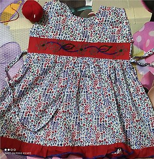 Red and White Printed Lawn Frock