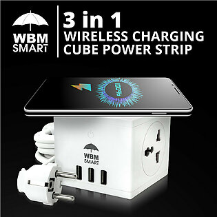 WBM Smart 3-in-1 Cube Wireless Charger for iPhone/Samsung. With 3 USB Port and 1 Power Socket Port Fast Wireless Charging 1.8m Cord