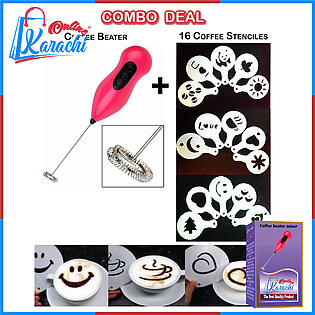 Coffee Beater with Stencils Handheld coffee beater mixer & whisker with 12 Pcs stencils for coffee decoration