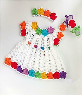 Multicolour Woolen Handmade Crochet Frock Set For Girls - 4 Pcs