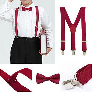 High Quality Broad Strip Adjustable Maroon Suspender + Bow Tie For Children