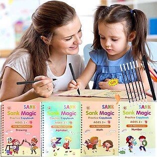 Set Of 4 Sank Magic Learning Book With Magic Pen & 10 Refills, Practice Book For Montessori Children Tracing Handwriting First Learning Books For Kids Preschool Learning Book For Kids Baby Learning Books Kids First Learning Book