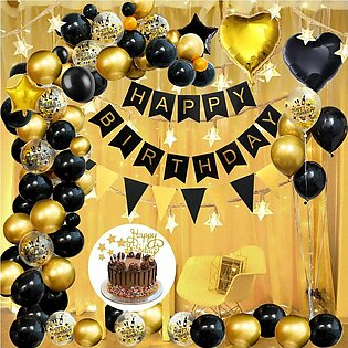 Black Gold Happy Birthday Card Banner, Star & Heart Shape Foil Balloon With Golden & Black Latex Balloon-birthday Accessories-beautiful Birthday Theme