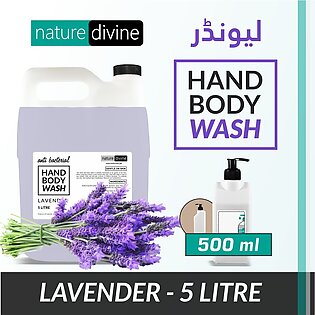 5 Litre Antibacterial Lavender Hand Wash, Hand Soap, Body Wash Liquid And 1 X 500 Ml Hdpe Refillable Empty Dispenser Bottle With Pump - Family Pack