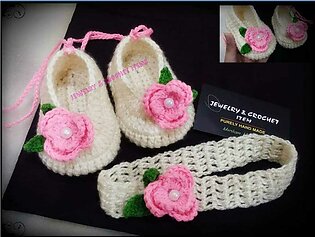 Crochet Shoes And Headband For Baby Girl / Woolen Hair Band And Boots / Booties Set For Newborns