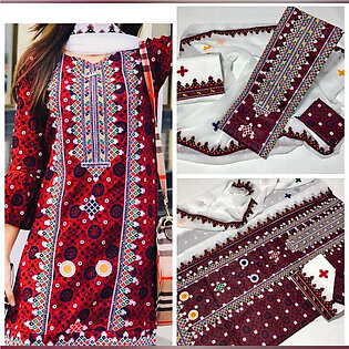 Sindhi Ajrak Heavy Embroidered 3 piece Linen