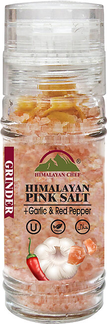 Himalayan Chef Pink Salt With Garlic And Red Pepper Small Glass Grinder - 100 G