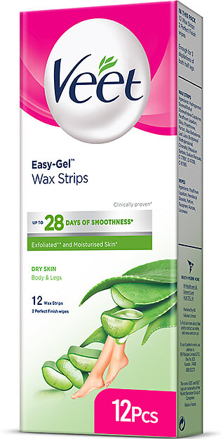 Veet Easy Gel Wax Strips For Body And Legs Dry Skin With Aloe Vera And Green Tea Scent 12 Wax Strips