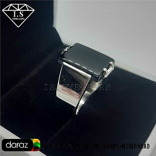 Men's Ring With Black Square Agate (Black Aqeeq) 925 Silver (Chandi)