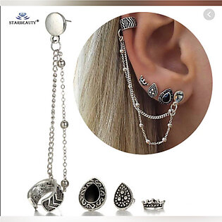 Fashion 4PCS/Set Royal Crown Bijoux Heart Long Chain Tassel Earring Helix Piercing Women Jewelry