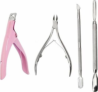 Manicure & Pedicure Nail Cuticle Pusher And Acrylic Nail Cutter Set Including 4 Tools, Acrylic Nail Clipper, Cuticle Nipper , Cuticle Remover And Cuticle Pusher Stainless Steel Metal Manicure Pedicure Beauty Stainless Set