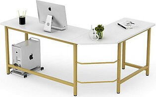 Modern L-Shaped Desk Corner Computer Laptop Study Table Workstation -Wood & Metal