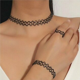 Bindas Collection 3Pcs Tattoo Choker Stretch Necklace/SET Black Elastic Jewelry Lace Choker Ring , Bracelet & Necklace Set