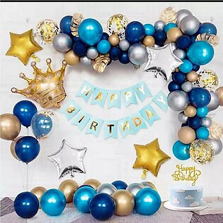 Happy Birthday Decoration Set With Sky Blue Happy Birthday Card Banner, '30' Metallic Shining Balloons & '5' Filled Confetti Balloons And '2'star Foil And '1'crown Foil Balloon For Birthday Decoration-beautiful Birthday Accessories