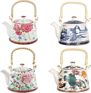Techmanistan Random Design - Multicolored Ceramic Teapot With Rattan Handle, Porcelain Tea Kettle