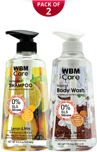 WBM Anti-Dandruff Shampoo Scalp Clean Lemon and Mint 500ml + WBM Body Wash Hydrating and Cleansing Shower Gel Coconut and Jasmine - 500ml (Pack of 2)