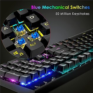 Mechanical Gaming Keyboard Rgb Backlit Keys Computer Keyboard, 16.8 Million Color 104 Keys Blue Switch Wired Gaming Keyboards Full Size, Aluminum Base Usb Keyboard For Pc Gamer Laptop