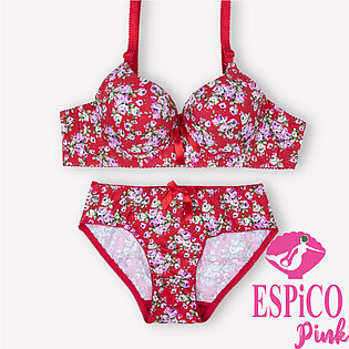Espico Pink Black Floral Padded Bra Set | Non Wired Full Cup Support Thin Bra Underwear Set | Big Size Body Shaping Cotton Bra Excellent Colors & Classic Designs - Bra For Girls