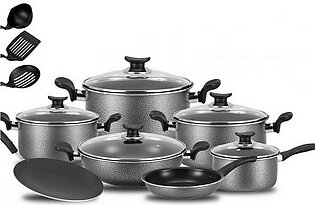 King Cook Non Stick Cookware Set - 15 Pcs - Grey & Black -