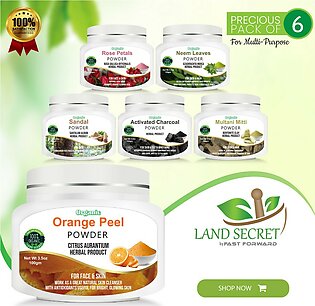 Organic Herbs Bundle Offer: 06 Natural Powders - Orange Peel, Rose Petals, Neem Leaves, Sandalwood, Activated Charoal, And Multani Mitti Powder - 100g/box